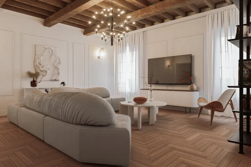 Living sotto le travi in legno