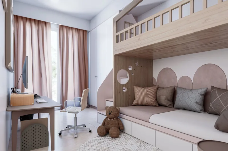 Cameretta con letto a soppalco a forma di casetta