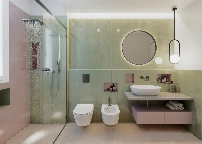 Appartamento privato: bagno in verde e rosa