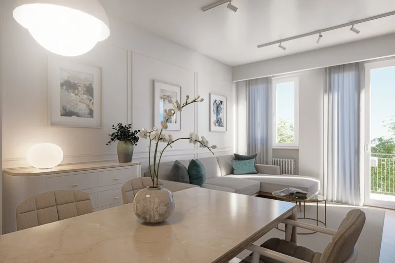 Living e zona pranzo luminosi con cornici a parete
