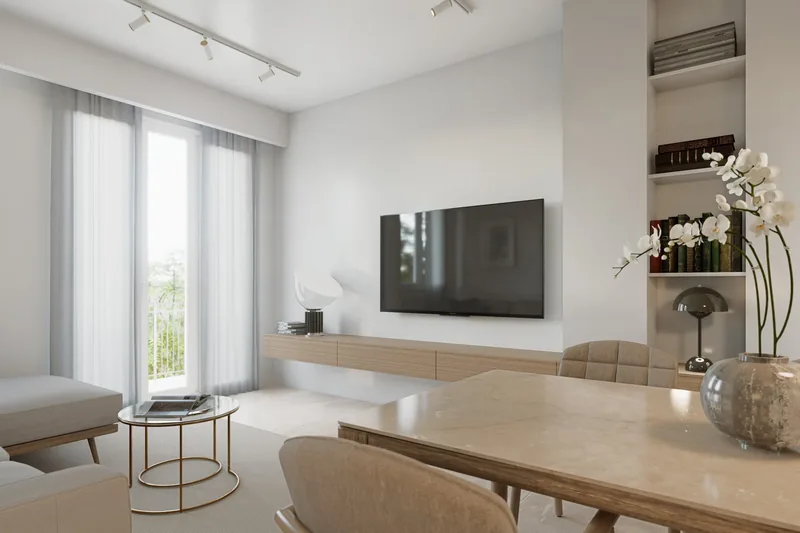 Appartamento privato: parete tv con mensola sospesa