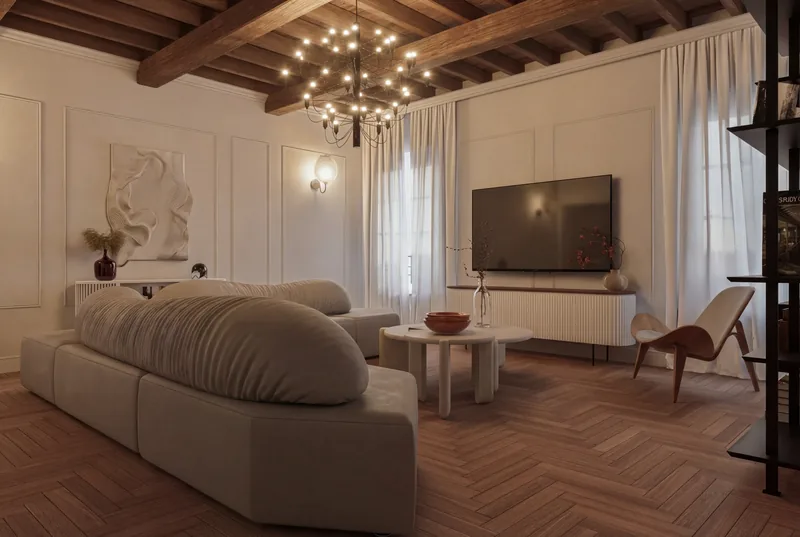 Living con travi in legno a vista, lampadario a raggiera e divano modulare