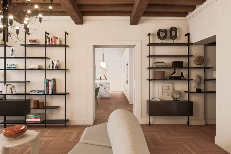 Appartamento privato: le librerie e il passaggio verso la cucina