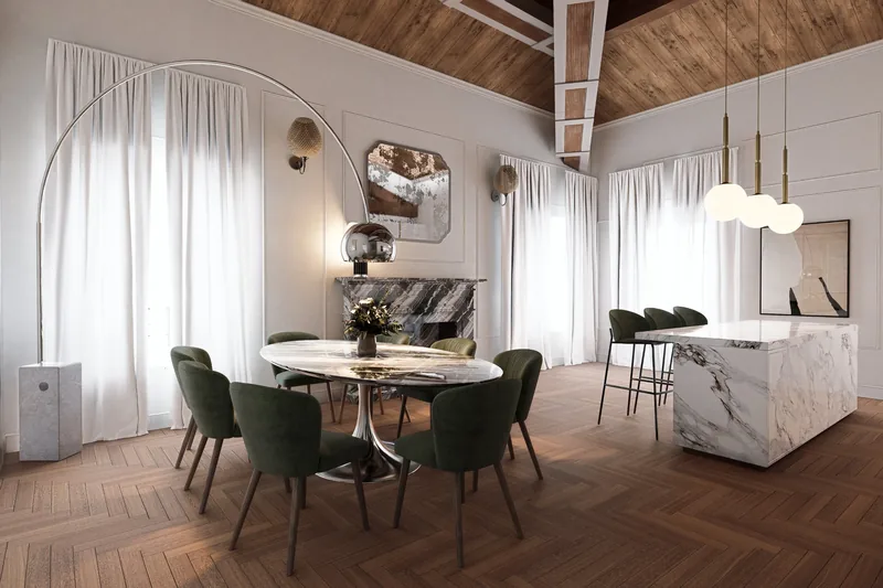 Appartamento privato: pranzo e cucina sotto le capriate