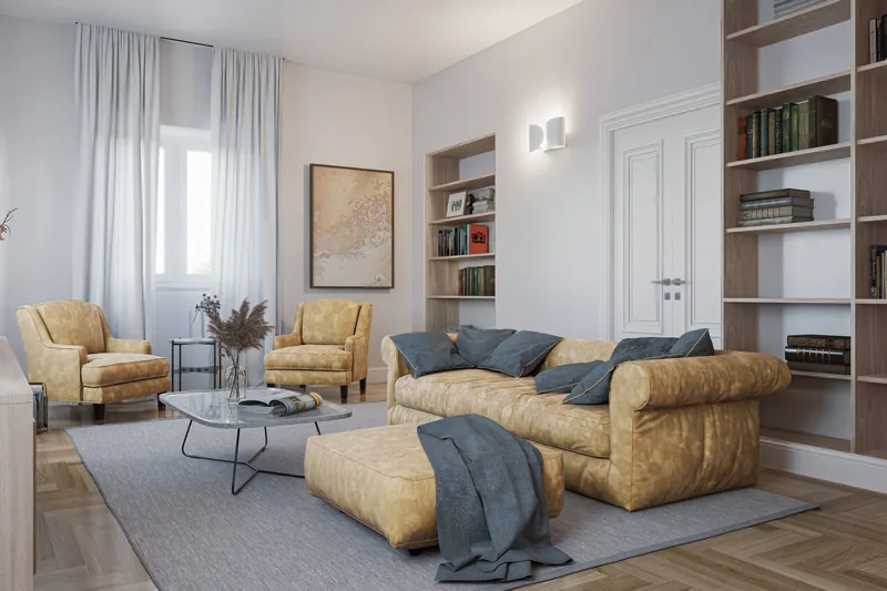 Living con divano in velluto ocra e librerie in legno