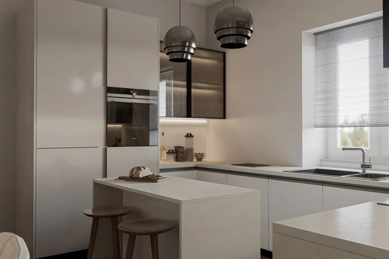 Appartamento privato, Roma: cucina con isola e pensili in vetro