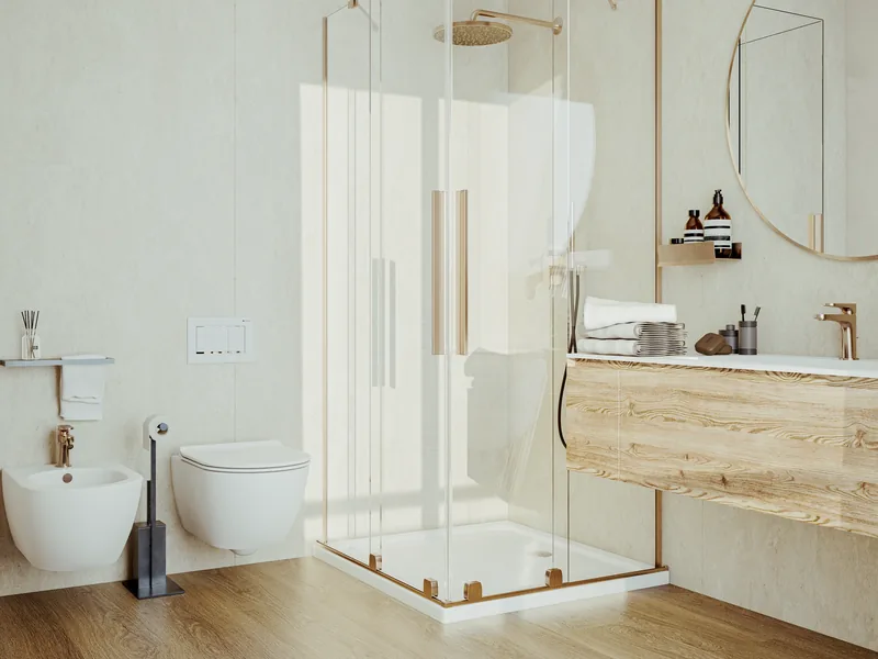Attico, Sanremo (IM): bagno con doccia in vetro e ottone