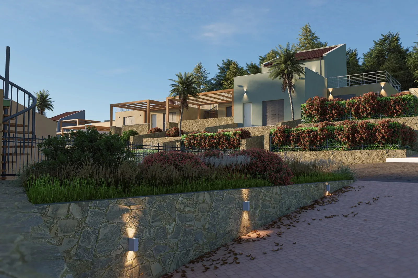 Borgo degli Ulivi, Imperia: render esterno al crepuscolo