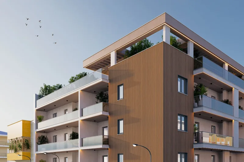 Nuova costruzione, Brindisi: coronamento e rivestimento in doghe