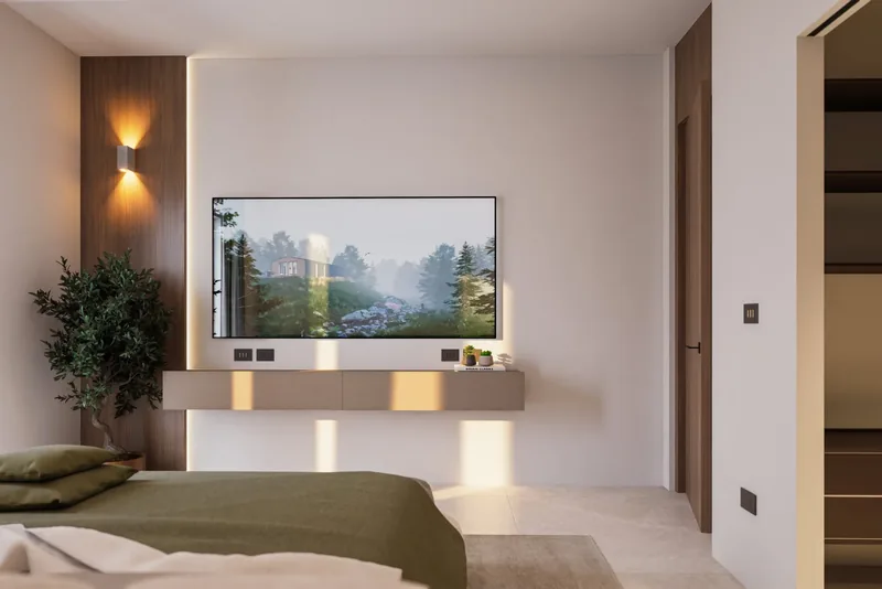 Configuratore d'interni, appartamento dimostrativo: camera, parete tv