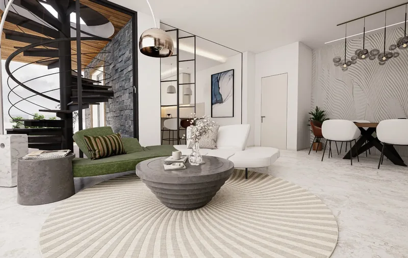 Render: living con scala a chiocciola