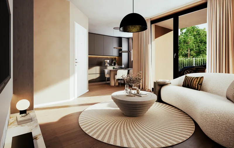 Sviluppo immobiliare, Lainate (MI): living con divano curvo