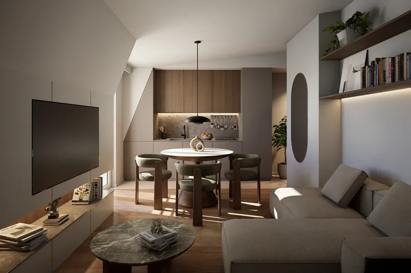 Sviluppo 6 appartamenti, Milano: living con cucina sullo sfondo