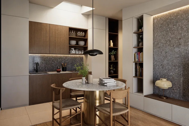 Sviluppo 6 appartamenti, Milano: cucina e zona pranzo