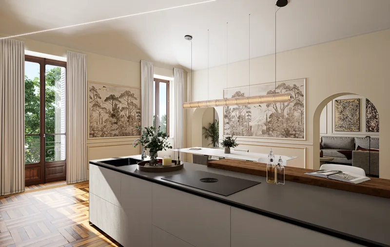 Palazzo Palestro, Torino: cucina con isola e carte da parati
