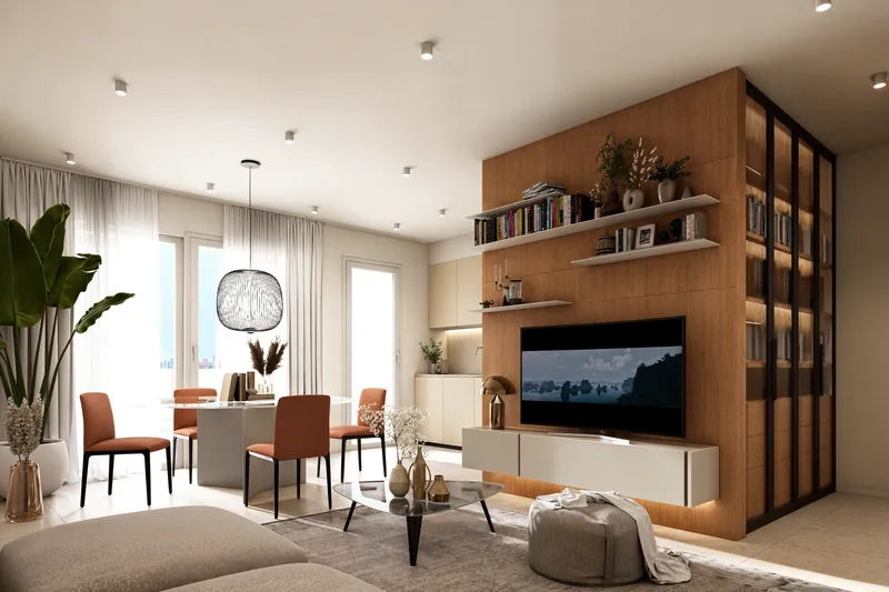Sviluppo residenziale, Bologna: living con parete attrezzata