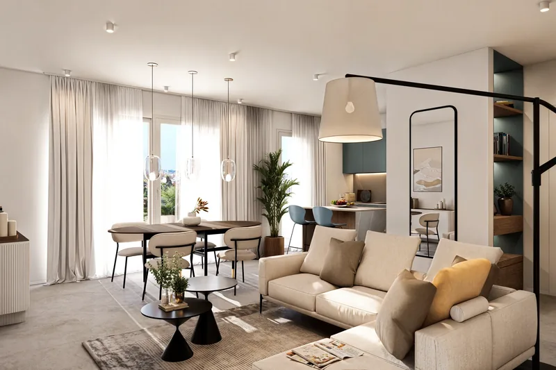 Sviluppo residenziale, Bologna: living con cucina a vista