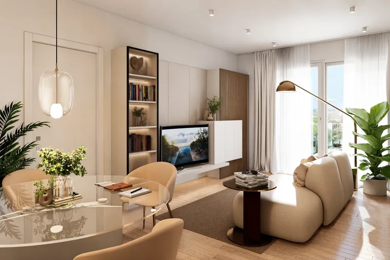 Sviluppo residenziale, Bologna: soggiorno con tavolo in vetro