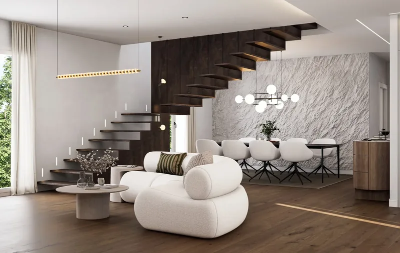 Render di interni: zona giorno con scala a sbalzo