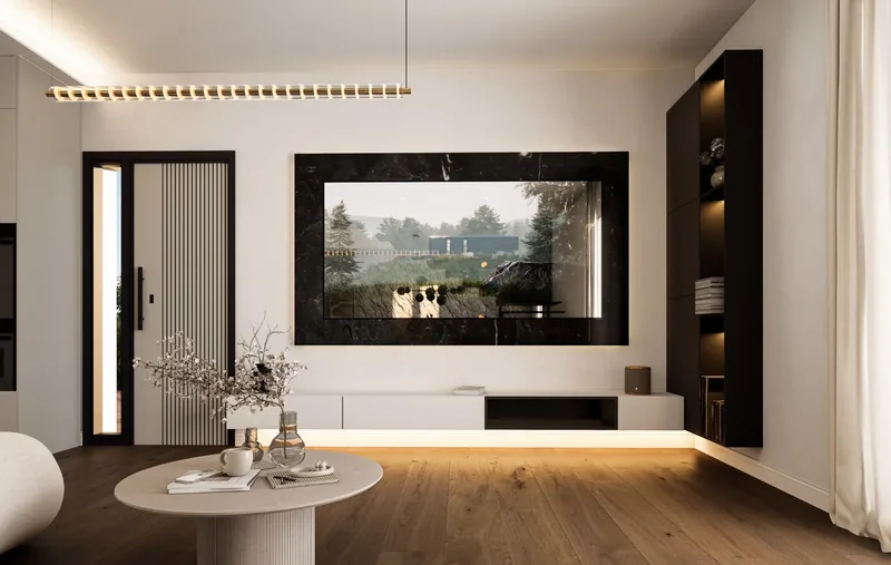 Villa privata, Lazio: parete tv in marmo nero