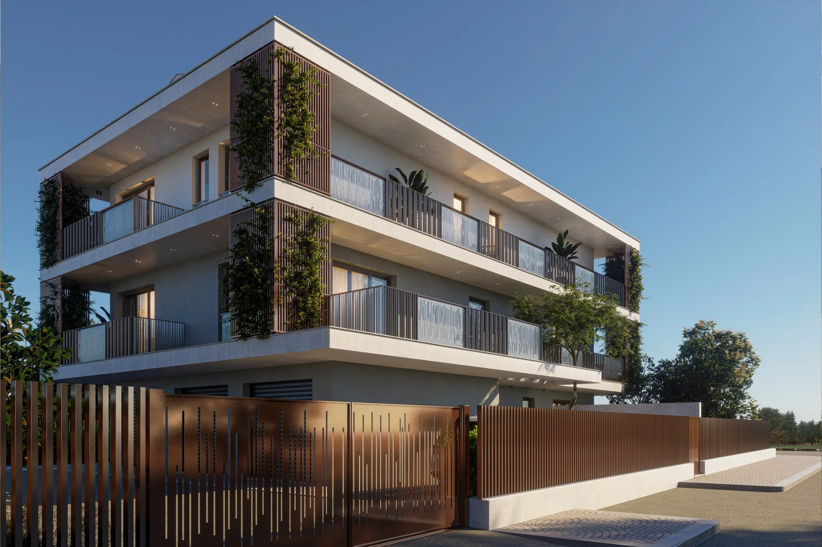 Render esterno di una palazzina residenziale contemporanea