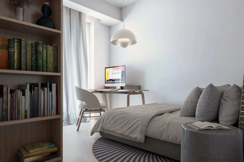 Sviluppo residenziale, Padova: camera con scrittoio e libreria