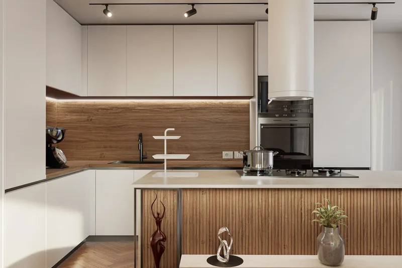 Sviluppo residenziale, Padova: cucina con isola in legno