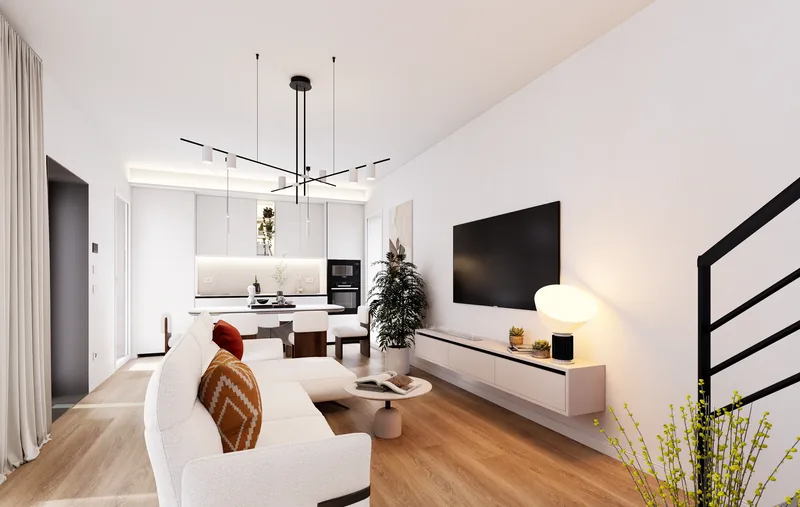 Villa privata, Roma: living con cucina sullo sfondo