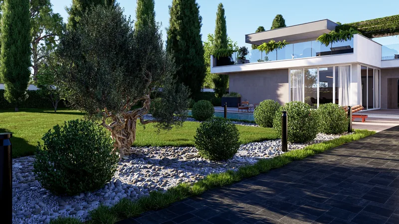 Villa privata, Roma: il prato verso la piscina