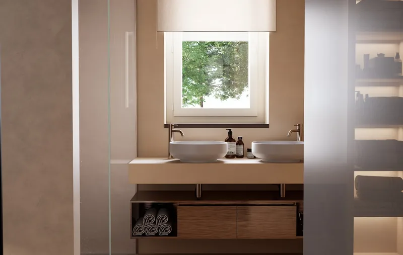 Render di un bagno contemporaneo con doppio lavabo e luce naturale