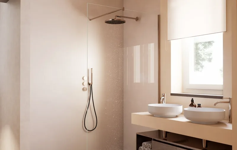 Render di un bagno contemporaneo: doccia a filo e lavabi in appoggio
