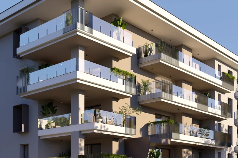 Render di esterni: facciata con balconi