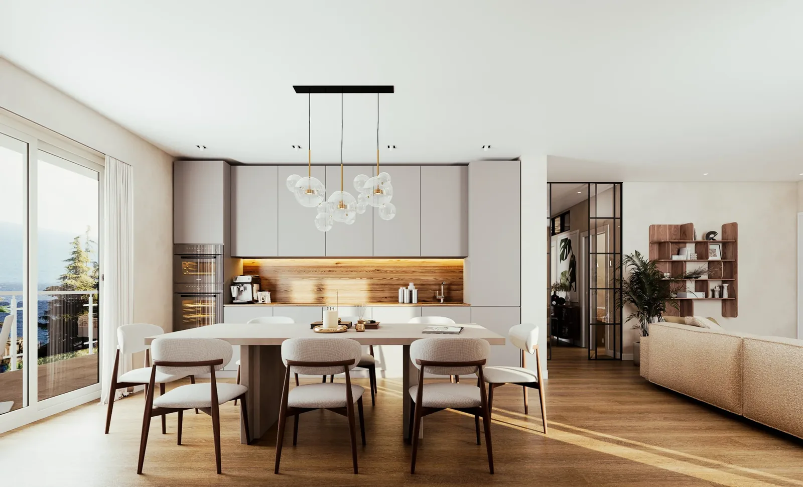 Render di interni: soggiorno con cucina a vista