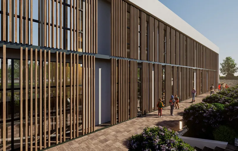 Render esterno di un edificio con facciata a listelli di legno