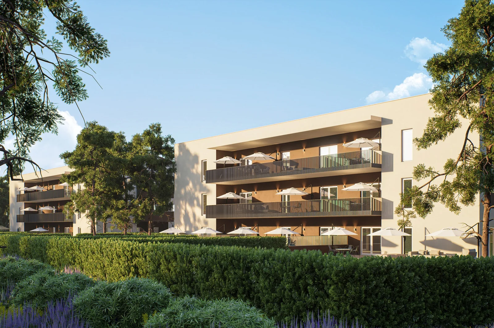 Render esterno di un edificio residenziale immerso nel verde