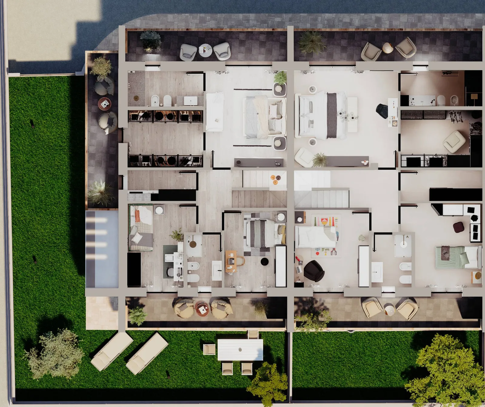 Rendering di una planimetria 3D con giardino
