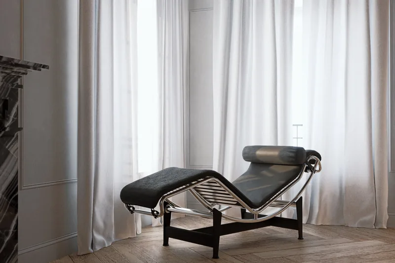 Render di interni: chaise longue davanti alla finestra