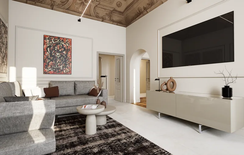 Render di interni: living sotto un soffitto affrescato