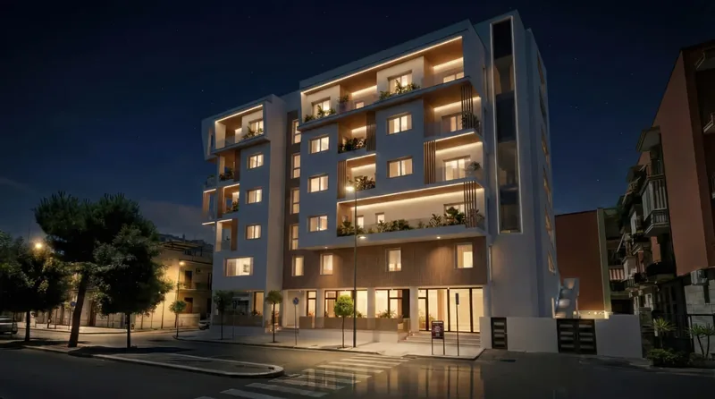 Render esterno notturno di un edificio residenziale con terrazze illuminate