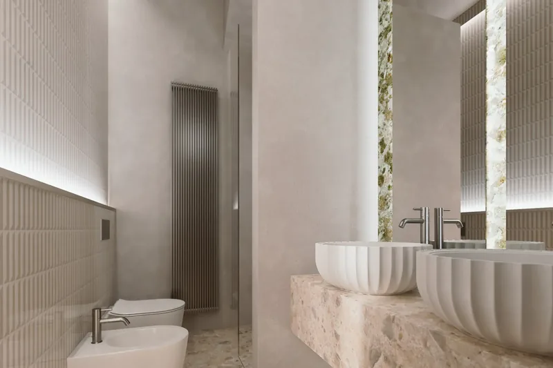Villa Uopini Apartments, Toscana: bagno con lavabi scolpiti
