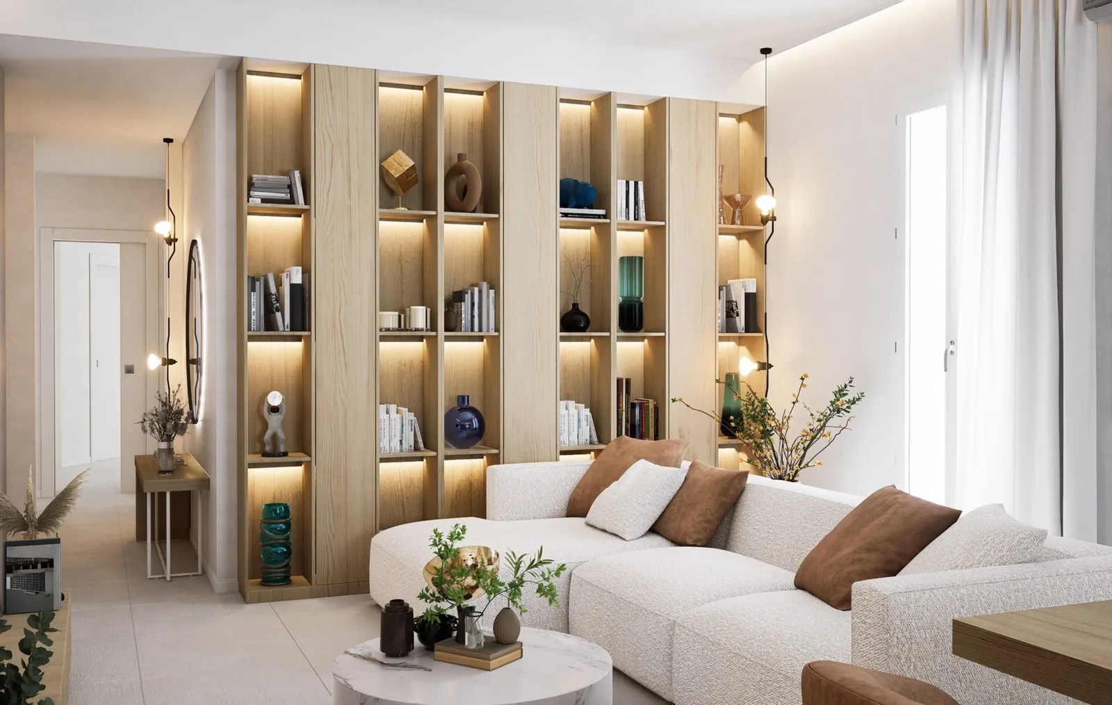 Soggiorno con libreria illuminata, ambiente per virtual tour 3D