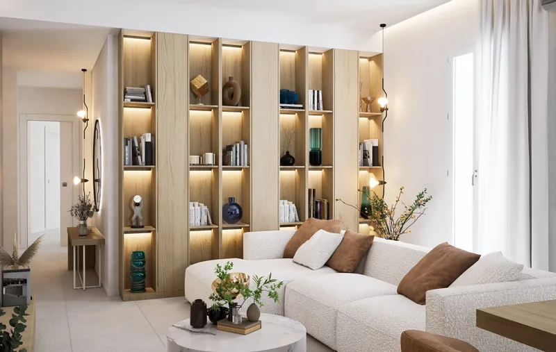 Soggiorno con libreria illuminata, ambiente per virtual tour 3D